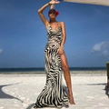 Zebra print maxi dress with cowl neck and high slit for elegant beach vacation wear - S / Zebra Print (With Headscarf)