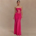 Abito lungo a fascia fucsia con taglio a sirena, pizzo e dettagli drappeggiati - S / Rosa Rosso