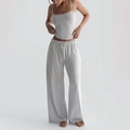 Detail of grey lounge set featuring spaghetti strap top and drawstring wide-leg pants - S / Gray