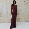 Elegant long sleeve burgundy maxi dress with waist cutout and draped fabric detail - S / Brown