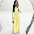 Detail of waist gathers and circular metal buckle on long sleeve light yellow dress - S / Yellow