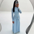 Elegant light blue long sleeve maxi dress with gold ring detail and gathered waistline - S / Blue