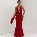 Detail of burgundy backless V-neck dress showing ruched waist and textured fabric - S / Red