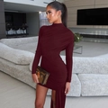 Slim fit burgundy ruched long sleeve dress with elegant round neck and irregular hem - S / Burgundy