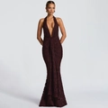 Macro detail of wine red evening dress featuring floral jacquard fabric and pleated waist - S / Coffee