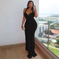 Elegant black halter neck bodycon dress with ruching and long ties for a sleek formal look - S / Black
