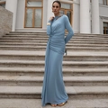 Elegant light blue long sleeve maxi dress with one-shoulder design and ruched waist details - S / Blue