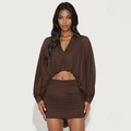 Women dark brown mesh long sleeve crop top and bodycon mini skirt two-piece set - S / Brown