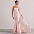 Elegante abito da sera rosa senza spalline con fiore in vita e spacco alto - S / Rosa