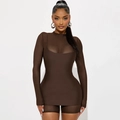 Detail view of brown two-piece set featuring mesh long sleeves and slim-fit shorts - S / Brown