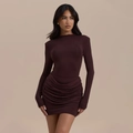 Slim fit coffee brown ruched long sleeve mini dress with a chic high neckline - S / Brown