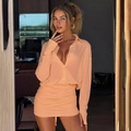 Completo elegante due pezzi con camicia a maniche lunghe e gonna attillata a pieghe albicocca - S / Arancione