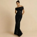 Schulterfreies schwarzes Spitzenkleid mit Netzeinsatz und figurbetontem Meerjungfrau-Saum - S / Schwarz