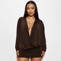 Detail of deep V-neck and draped pleats on smooth dark coffee long sleeve mini dress - S / Brown