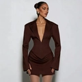 Abito blazer marrone scuro a maniche lunghe con scollo a V e dettagli pieghettati in vita - S / Marrone