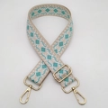 Detail of teal and beige geometric diamond woven strap with gold lobster clasps - Light Gold Hook / Beige White Light Green
