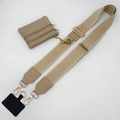 Detail view of khaki nylon phone strap with a zipper coin pouch and gold metal hardware - Camel Strap Golden Hook And Camel Pouch