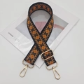 Close-up of geometric jacquard shoulder strap with luxury gold metal rotating hooks - Light Gold Hook / Black Brown Edge Orange