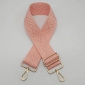 Detail of adjustable 5cm wide pink orange woven shoulder strap with gold metal buckles - Gold / Water Pink