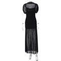 Detail der gerafften schwarzen Netzschichten und Puffärmel am langen Kleid - S / Schwarz