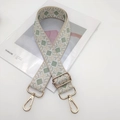 Detail view of wide woven shoulder strap with diamond pattern and gold metal hooks - Light Gold Hook / Beige White Matcha Green