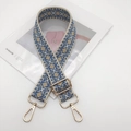 Close-up of diamond pattern strap with light gold metal lobster clasps and adjuster - Light Gold Hook / Beige Lake Blue Khaki