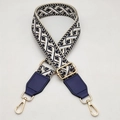 Detail of adjustable wide shoulder strap with beige floral jacquard and gold hardware - Beige Dark Blue + Blue Leather