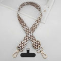 Close-up of adjustable chevron woven strap with gold metal buckles and phone pad - Brown and White Classic Chevron (Style 9)