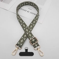 Detail of jacquard geometric phone strap with gold metal hooks and black connector pad - Army Green With T-Pad