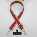 Detail view of red jacquard pattern adjustable phone strap with gold lobster metal hooks - Beige Edge Red With T-Pad