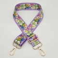 Close-up of adjustable purple floral shoulder strap with gold metal hooks and sliding buckle - Purple Daisy (C27)