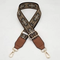 Wide ethnic style embroidered bag strap replacement with adjustable gold buckle and hardware - Black with Brown + Brown Leather