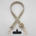 Detail of vintage geometric plaid phone strap with gold adjustable buckle and hook - Beige White Army Green