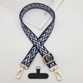 Detail of navy blue and white woven phone strap with gold hardware and T-shaped patch - Navy Blue & White Wave Style (Style 10)