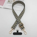 Détail d'une bandoulière tissée colorée avec crochets dorés et attache téléphone - Motif de Vagues Noir Blanc Vert Brun (Style 18)