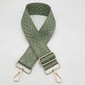 Close-up of olive green geometric jacquard bag strap with gold metal spring hooks - Matcha Green