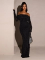 Elegant black off-shoulder maxi dress with sparkling glitter and sheer mesh long sleeves - S / Black