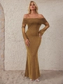 Sparkling gold off-the-shoulder long sleeve maxi dress in a slim fit evening style - S / Gold