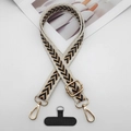 Adjustable woven crossbody phone strap with vintage chevron pattern and gold metal hooks - Black & Beige Wave (Style Six)