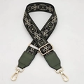 Correa ancha ajustable para bolsos con bordado floral verde y herrajes dorados lujo - Gancho Dorado / Negro Verde + Cuero Verde Militar