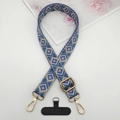 Macro detail of adjustable blue geometric woven phone strap with gold metal hooks and clip - Blue Pink Beige Rhombus (Style 15)