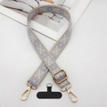 Detail of lavender geometric jacquard phone strap with gold metal buckle and lobster clasp - Purple Beige Diamond (Style 5)