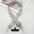Close-up of jacquard phone strap with geometric pattern and golden metal swivel hooks - Light Blue White Geometric (Style 10)