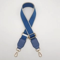 Detail of adjustable blue fabric bag strap with golden metal hooks and leather trim - Silver Hook / Lake Blue + Lake Blue Leather Trim