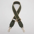 Macro view of olive green woven bag strap with golden metal lobster clasps and adjusters - Silver Hook / Army Green