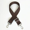 Close-up of dark brown nylon shoulder strap with silver metal swivel hooks and adjuster - Dark Brown with Silver Hardware