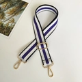Detail of adjustable purple and white striped woven bag strap with gold metal hooks - Length approx. 130cm / Black Blue + Gold Hook