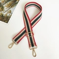 Detail of adjustable wide nylon bag strap with red and green stripes and gold hardware - Length approx. 130cm / Red Green + Gold Hook