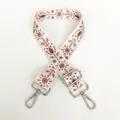Detailed embroidery on wide adjustable bag strap with vintage floral patterns and silver hooks - White and Brown Floral / Silver
