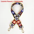 Detail of adjustable floral shoulder strap with durable colorful fabric and gold metal hooks - Colorful Flowers / Gold